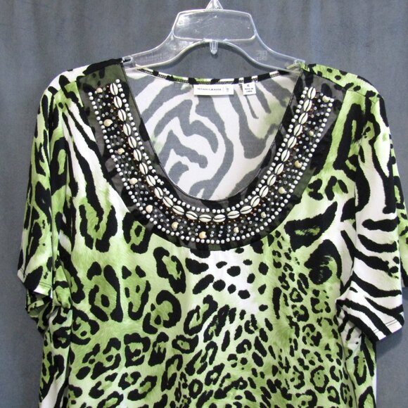 Susan Graver Liquid Knit U Neck Top Bead & Shell Trim Women Size XL Animal Print - Picture 2 of 10